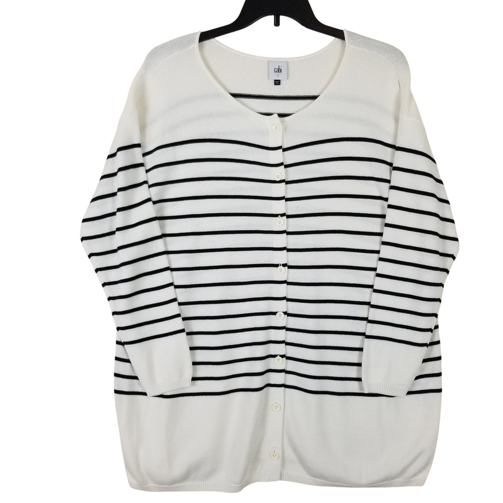 Cabi 6164 Striped Button Front Cardigan Sweater Women Large White Black Nautical